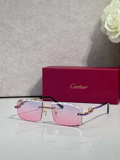 Cartier rectangular sunglasses with gold-tone frame, pink lenses, jewel accents on temples
