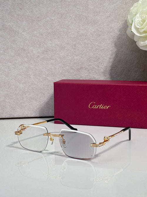 Gold-tone eyeglass frames with tinted lenses and ornate temple detailing