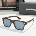 Tortoiseshell square sunglasses with blue lenses and gold-tone accents