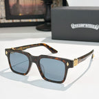 Tortoiseshell square sunglasses with blue lenses and gold-tone accents