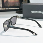 Black square sunglasses side view with silver rhinestone detail and dark lenses