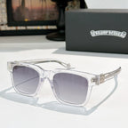 Clear square sunglasses with smoky lenses and silver-tone hinges