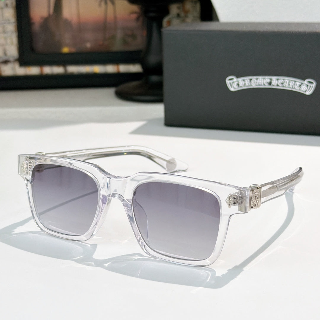 Clear square sunglasses with smoky lenses and silver-tone hinges