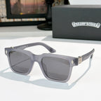 Light gray square sunglasses with dark lenses and silver-tone details