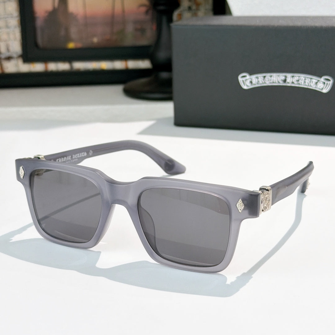 Light gray square sunglasses with dark lenses and silver-tone details