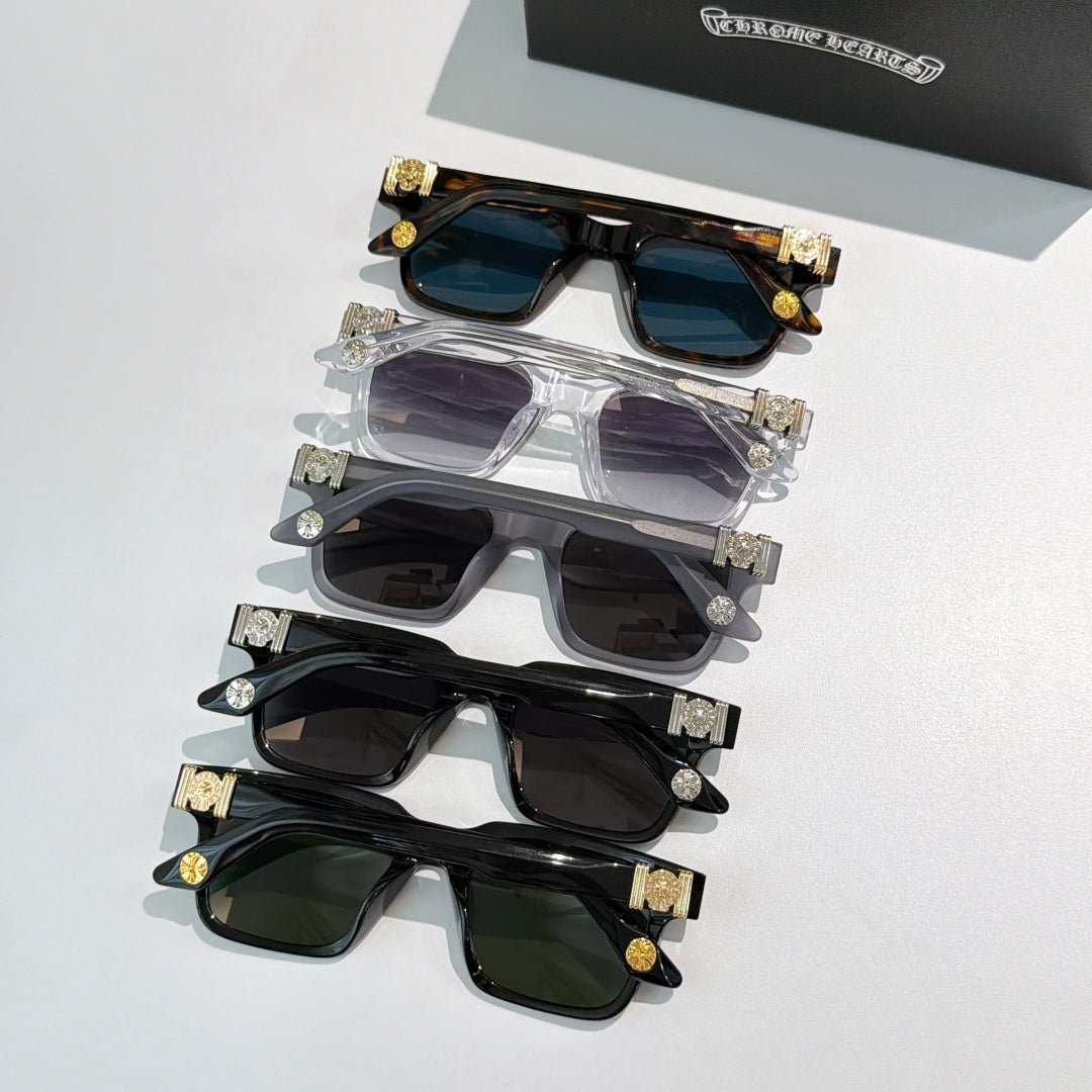 Assorted square sunglasses set of four: tortoiseshell, clear, black, and dark green