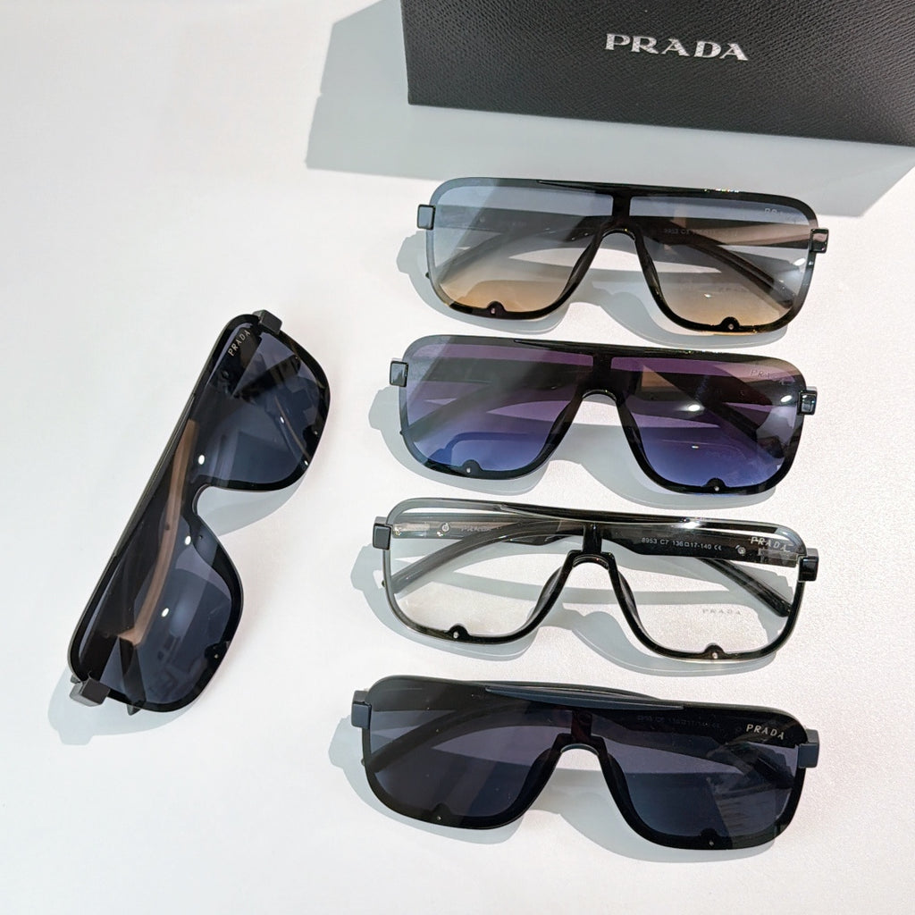 Prada sunglasses set with black frames and varying tinted lenses, shown in multiple angles