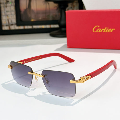 Cartier sunglasses with dark frame, gold temples, and purple gradient lenses
