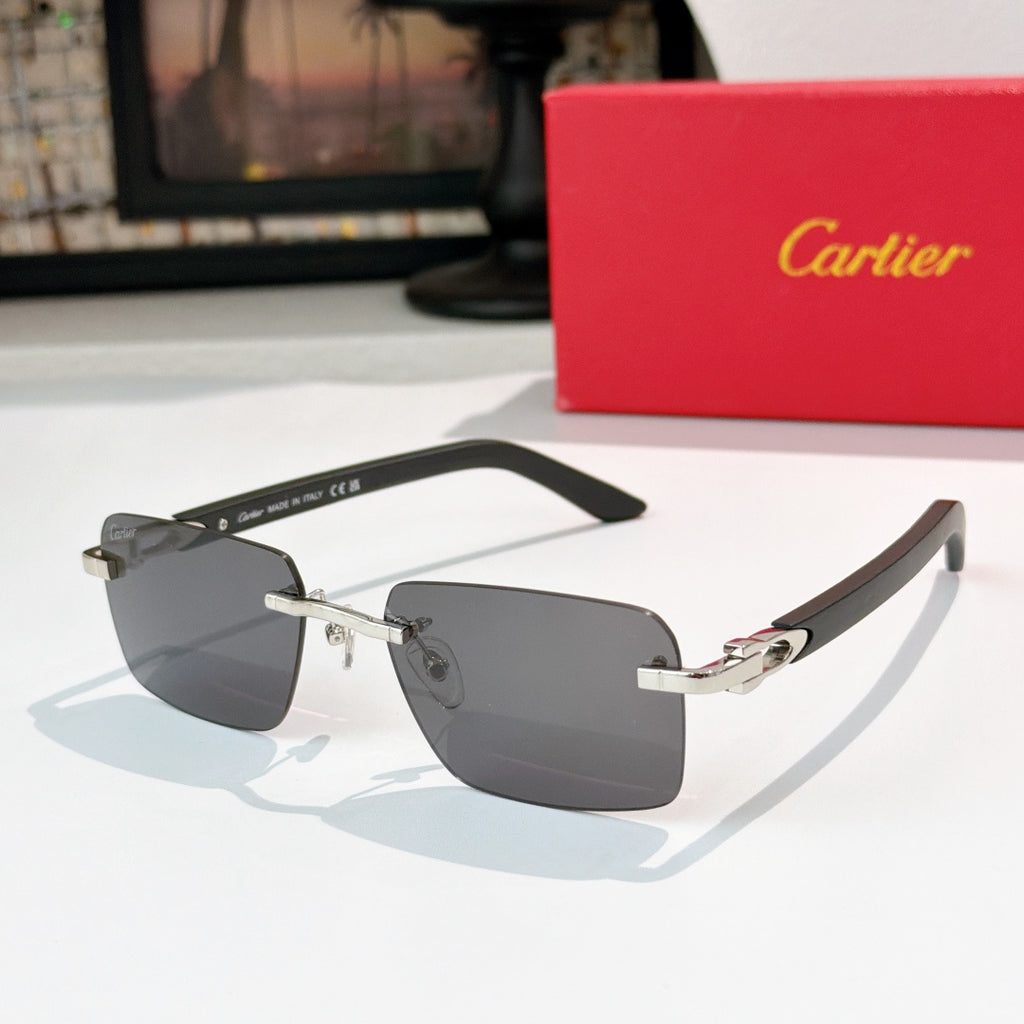 Cartier sunglasses with dark frame, silver accents, and gray gradient lenses