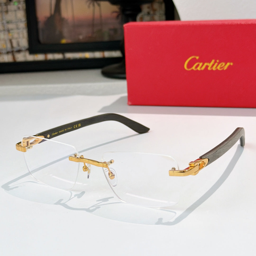 Cartier eyeglasses with clear lenses and gold frame details, dark temples