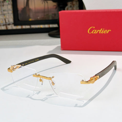 Cartier eyeglasses with clear lenses and gold frame details, dark temples