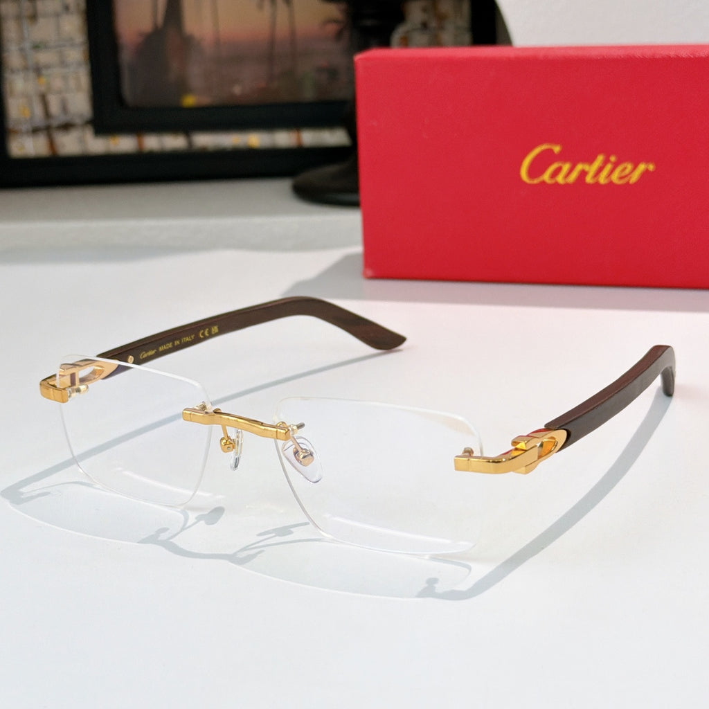 Cartier eyeglasses with clear lenses and gold frame accents, dark brown temple arms