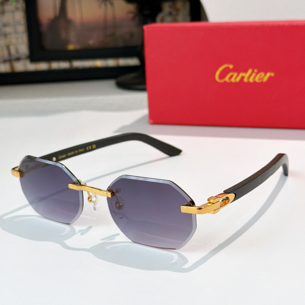 Gold-tone aviator sunglasses with deep purple tinted lenses and curved temple tips