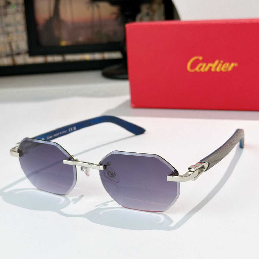 Silver-tone aviator sunglasses with purple tinted lenses and ornate temple detailing