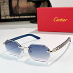 Silver-tone aviator sunglasses with blue tinted lenses and curved temple tips