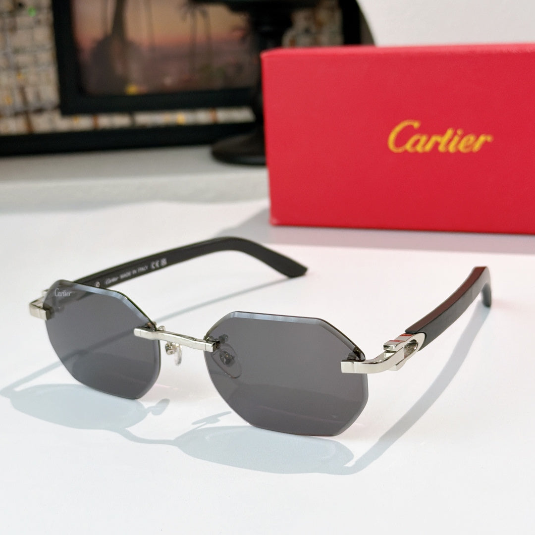Silver-tone aviator sunglasses with gray tinted lenses and curved temple detailing