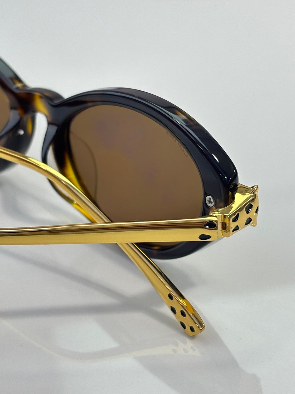 Close-up of gold-tone eyeglass temple with dark oval lens and hinge details