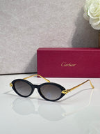 Side view of black oval glasses with gold-tone temples and tinted lenses