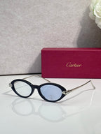 Black oval glasses with gold temples and dark tinted lenses