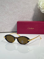 Front view of oval sunglasses with dark lenses and gold-tone temples