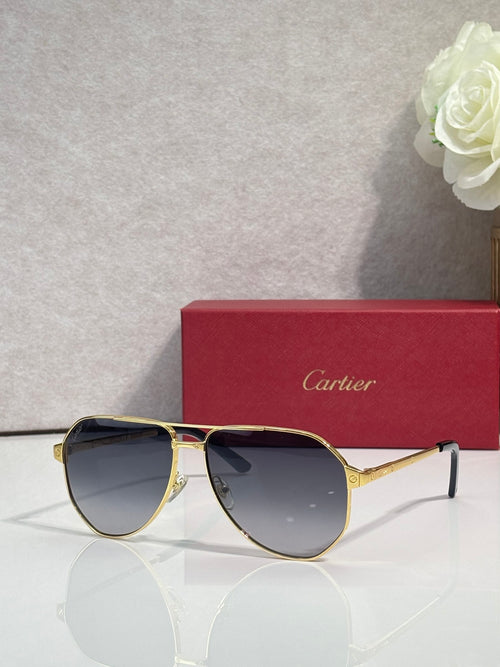 Metal sunglasses with dark lenses, gold frame and black-tipped arms