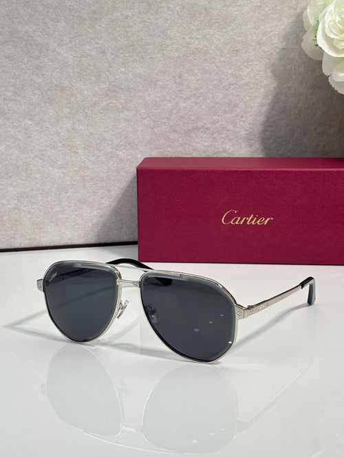 Cartier sunglasses with silver frame and dark lenses, slim temples