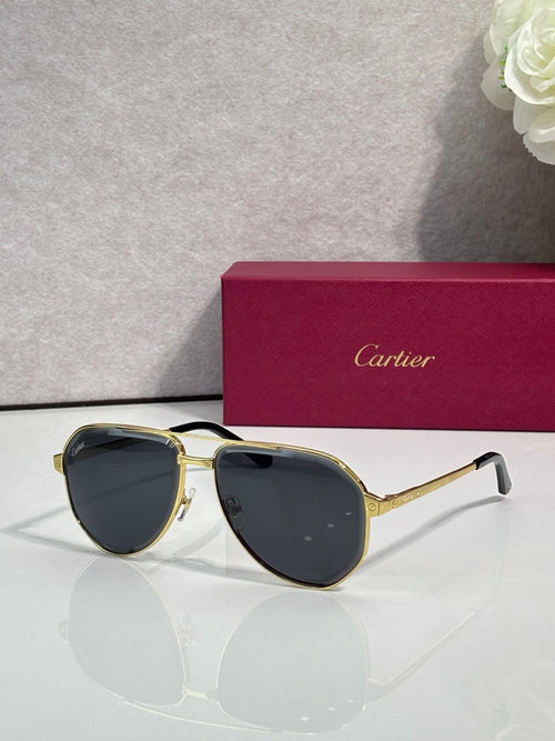 Cartier sunglasses with silver metal frame and dark tinted lenses, cat-eye shape