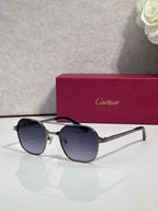 Blue-tinted round sunglasses with silver-tone metal frame and dark lenses