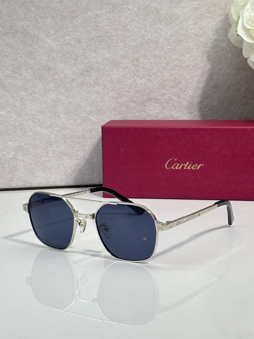 Blue-tinted round sunglasses with gold-tone metal frame and dark lenses