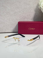 Eyeglasses with clear lenses, gold metal frame, dark arms and gold-toned details