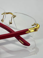 Eyeglasses close-up: clear lenses, gold metal rims, red temple arm with hinge