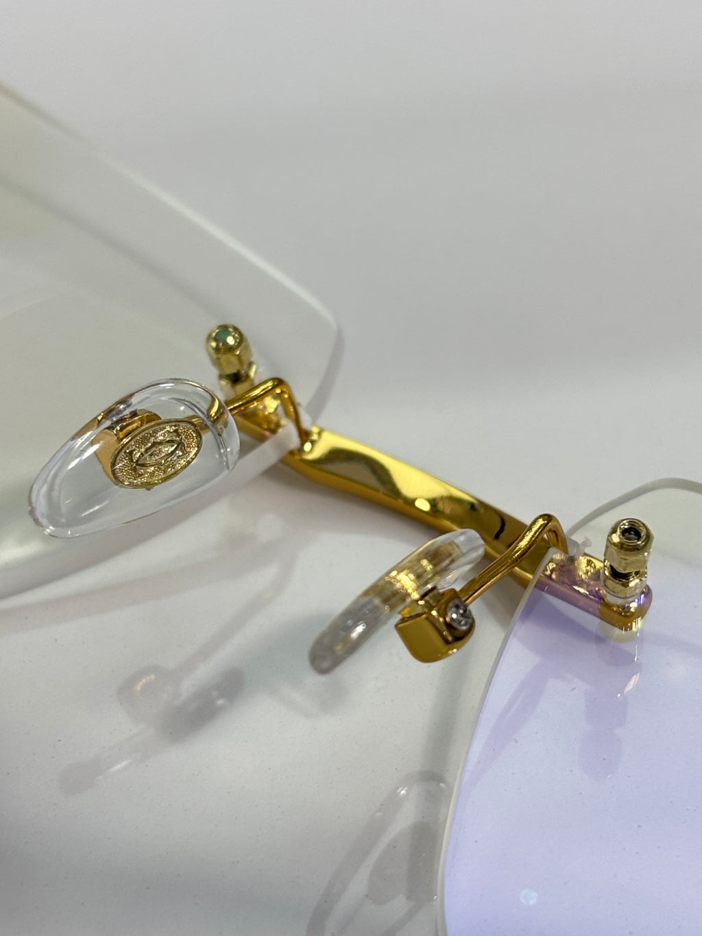 Eyeglasses close-up: gold metal bridge and hinge with clear round lens rims