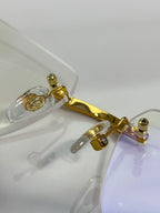 Eyeglasses close-up: gold metal bridge and hinge with clear round lens rims