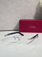 Eyeglasses with clear lenses, silver frame, dark arms and gold-toned accents