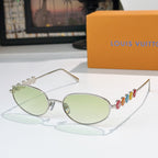 Louis Vuitton sunglasses with silver frame and pale green lenses, colorful bead detail on arm