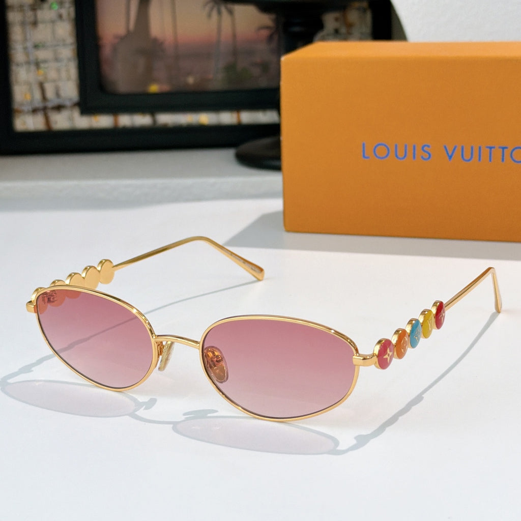 Louis Vuitton sunglasses with gold frame and pink lenses, colorful bead detail on arm