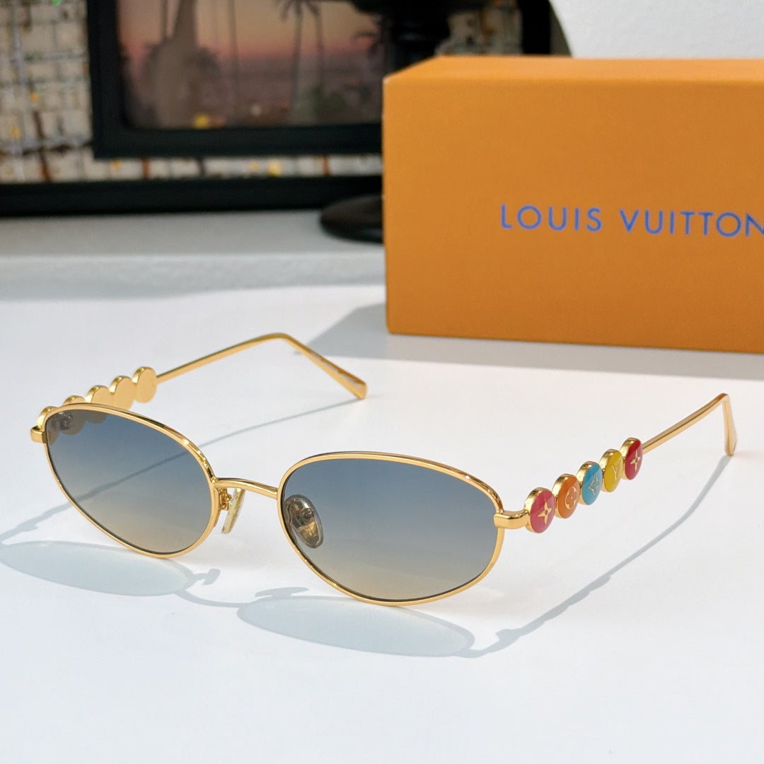 Louis Vuitton sunglasses with gold frame and blue-tinted lenses, colorful bead detail on arm
