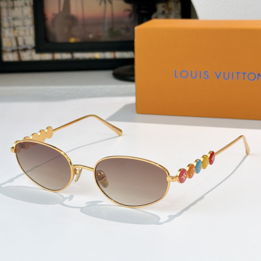 Louis Vuitton sunglasses with gold frame and light rose lenses, colorful bead detail on arm