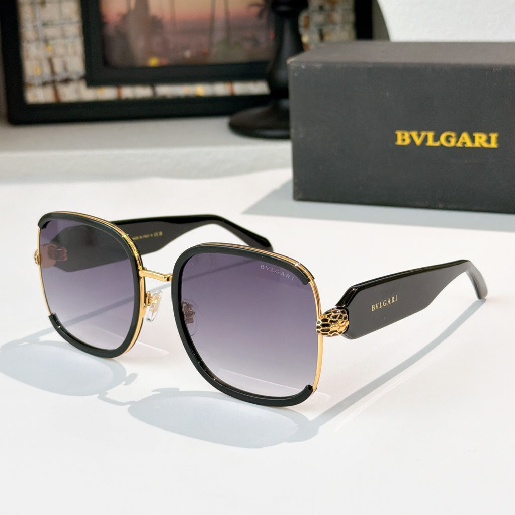 Bvlgari sunglasses with black frames, gold accents, and purple-tinted lenses
