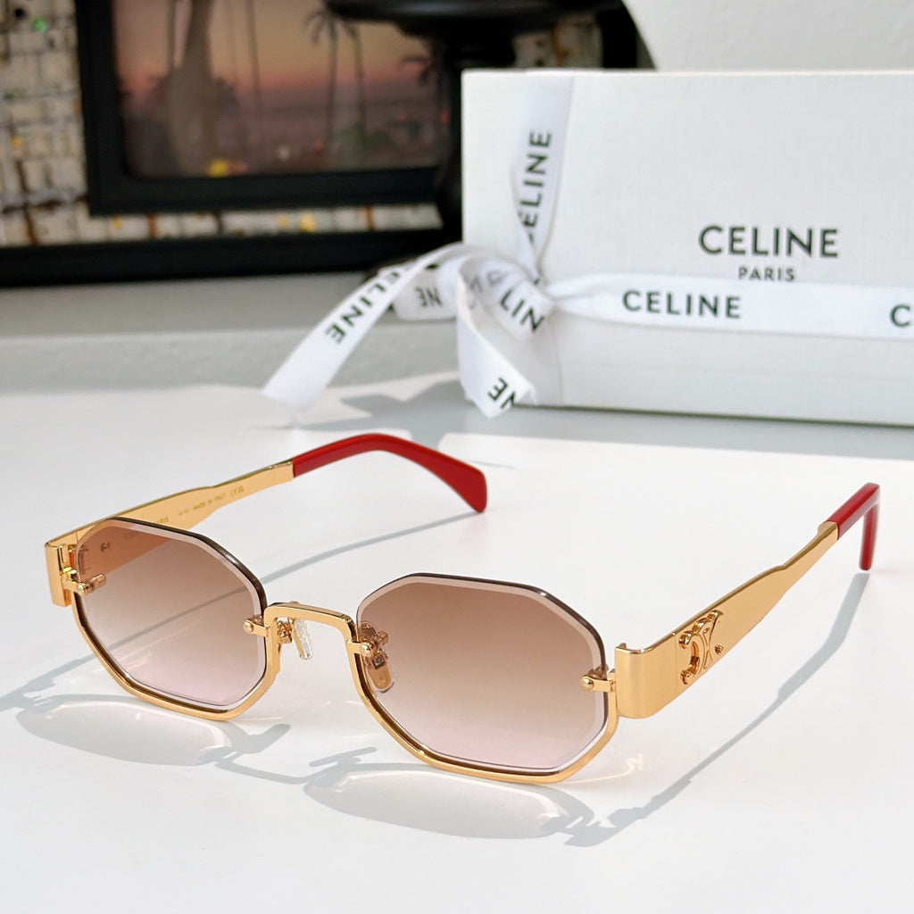 Celine octagonal sunglasses with gold frame and light brown lenses, red temples