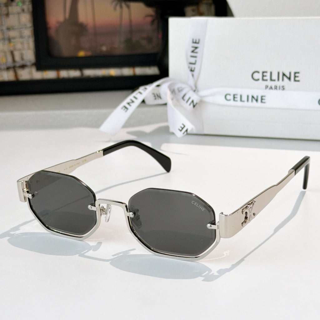 Celine octagonal sunglasses with black frame and dark gray lenses, black temples
