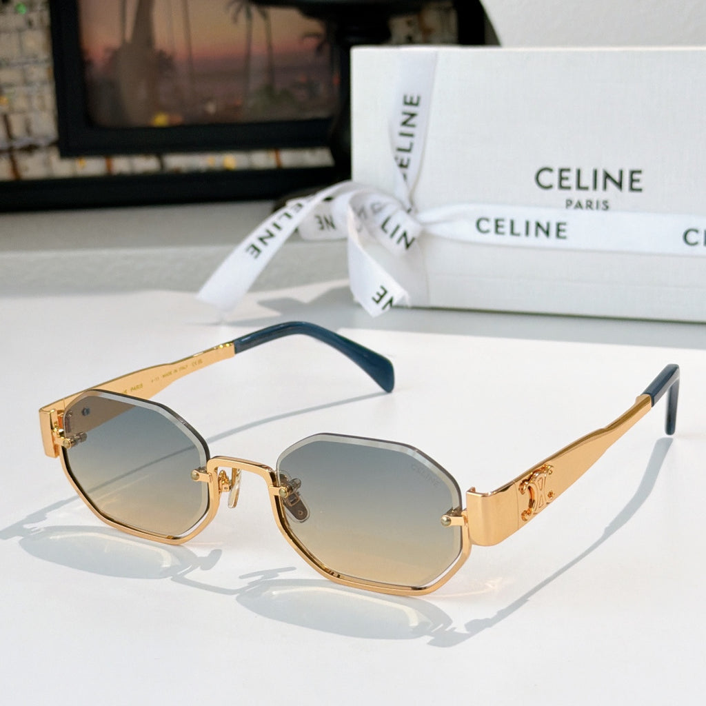Celine octagonal sunglasses with gold frame and gray lenses, teal temples