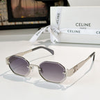 Celine octagonal sunglasses with silver frame and dark purple lenses, black patterned temples