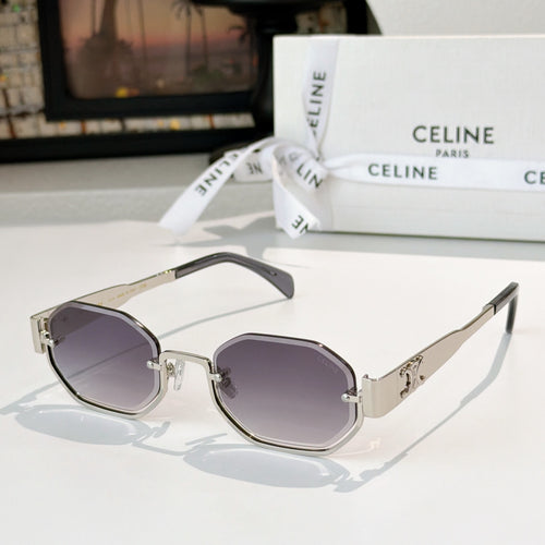 Celine octagonal sunglasses with silver frame and dark purple lenses, black patterned temples