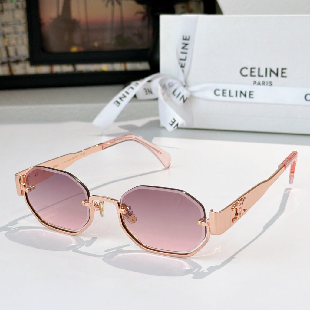 Celine octagonal sunglasses with rose gold frame and pink lenses, light pink temples