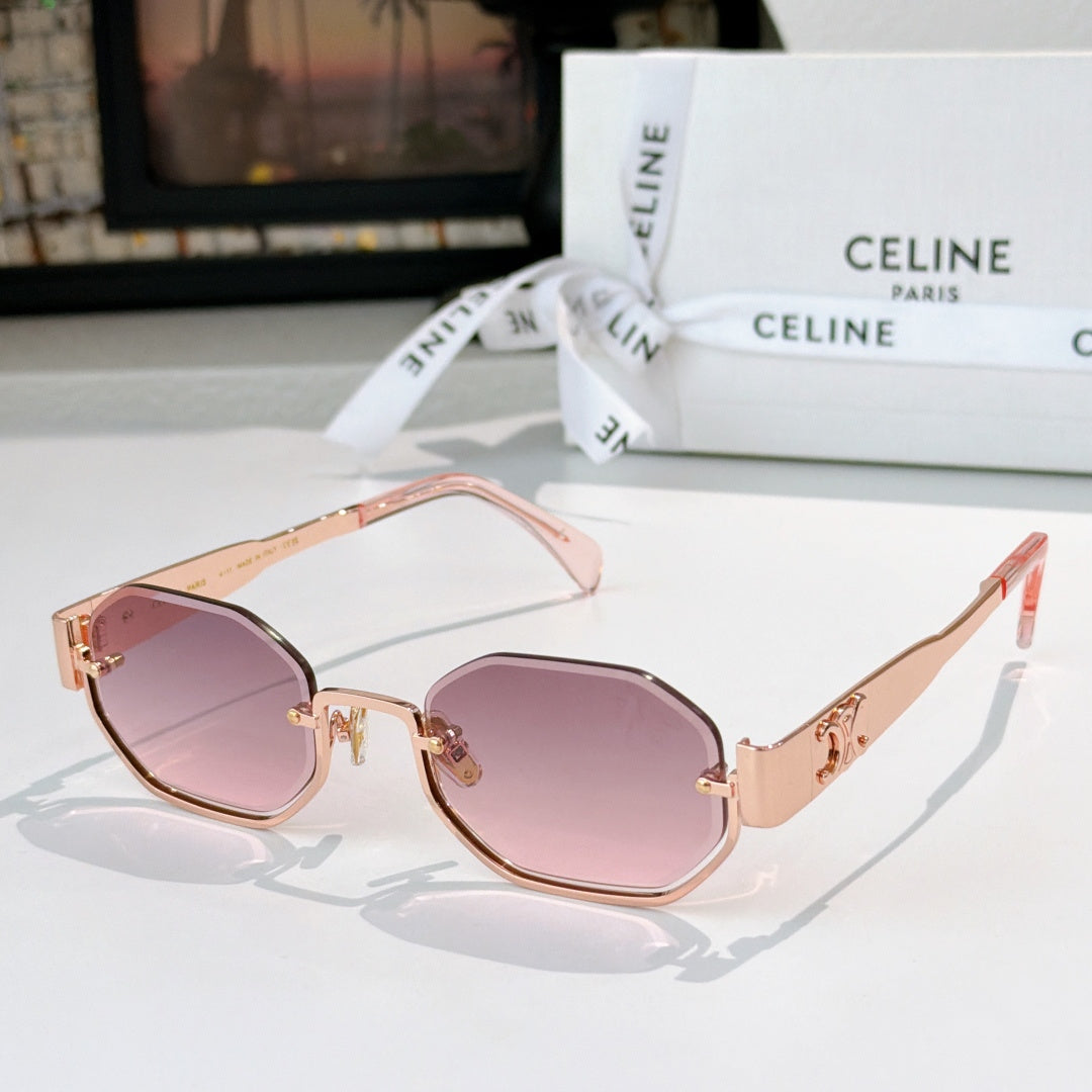 Celine octagonal sunglasses with rose gold frame and pink lenses, light pink temples