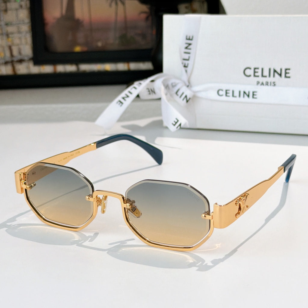 Celine octagonal sunglasses with gold frame and gray lenses, teal temples