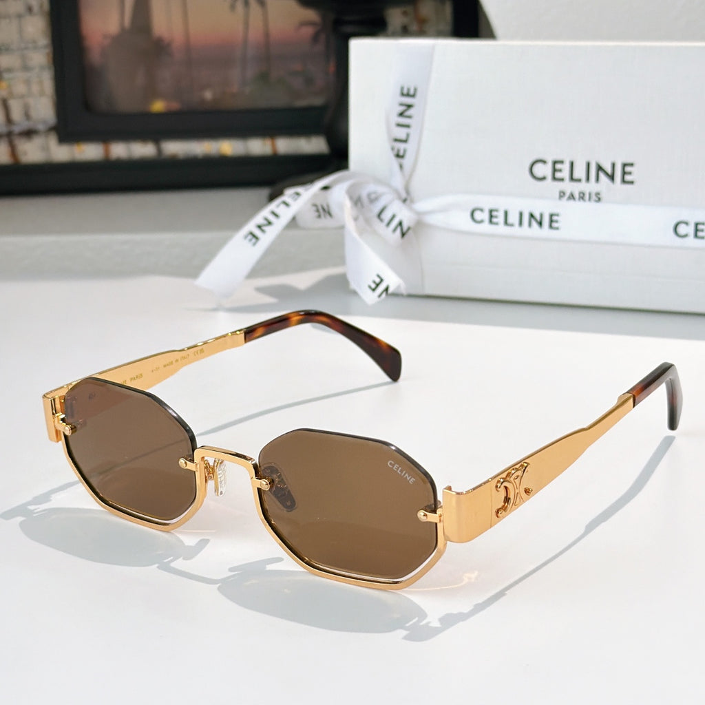 Celine octagonal sunglasses with gold frame and dark brown lenses, blue-black temples
