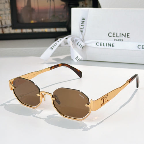 Celine octagonal sunglasses with gold frame and dark brown lenses, blue-black temples