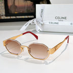 Celine octagonal sunglasses with gold frame and blush lenses, red temples